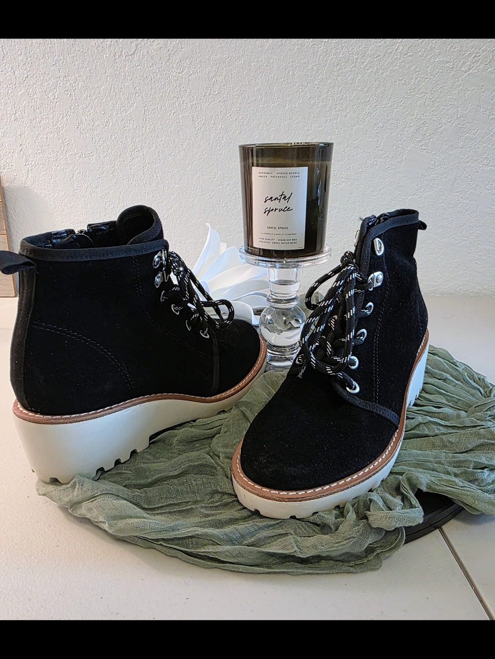 Copper Key Black Suede Platform Lace-Up Booties with White Sole. Size 8